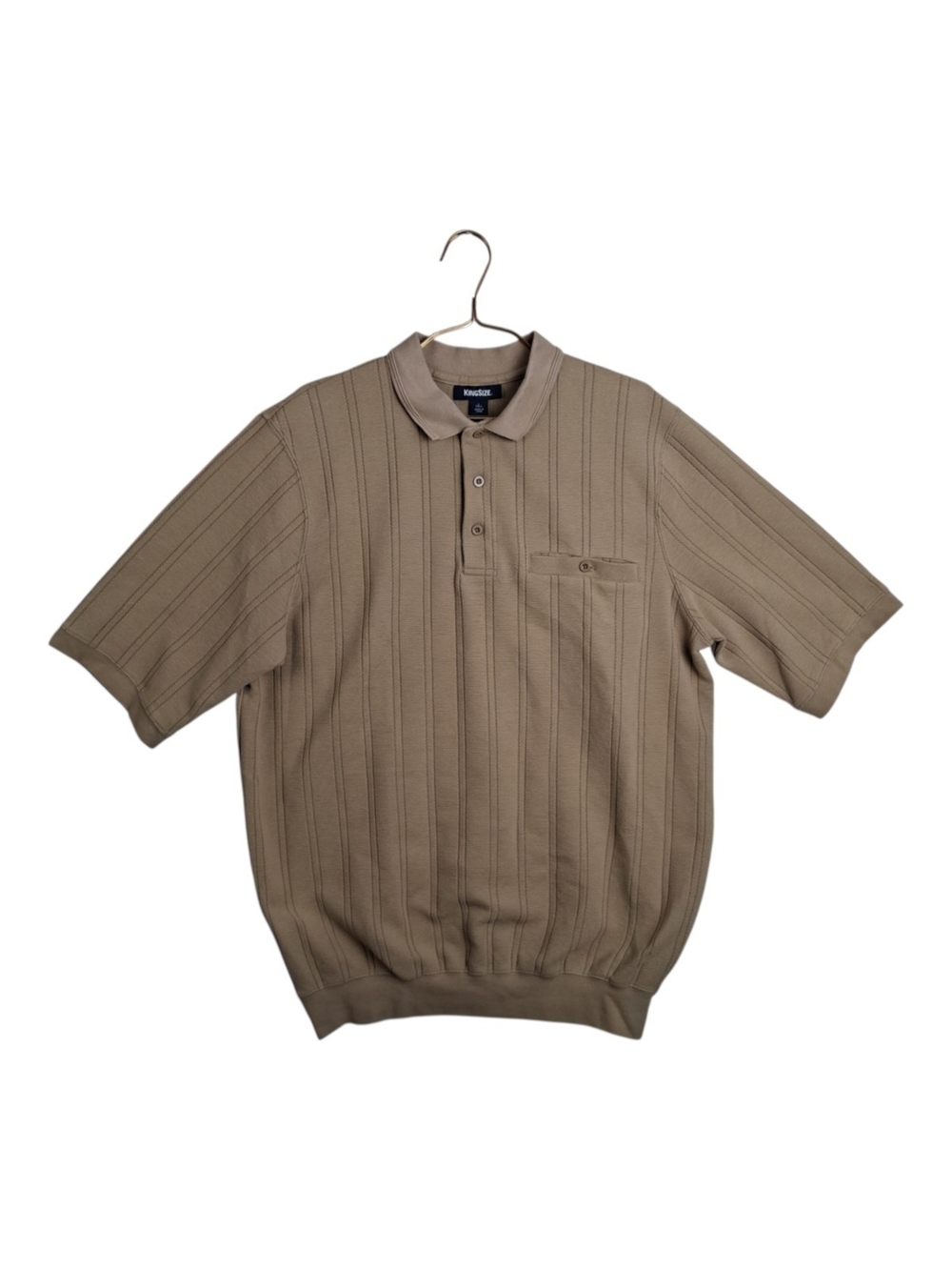 KingSize Mens Large Tan Beige Textered Rib Knit Short Sleeve Retro Sweater Polo